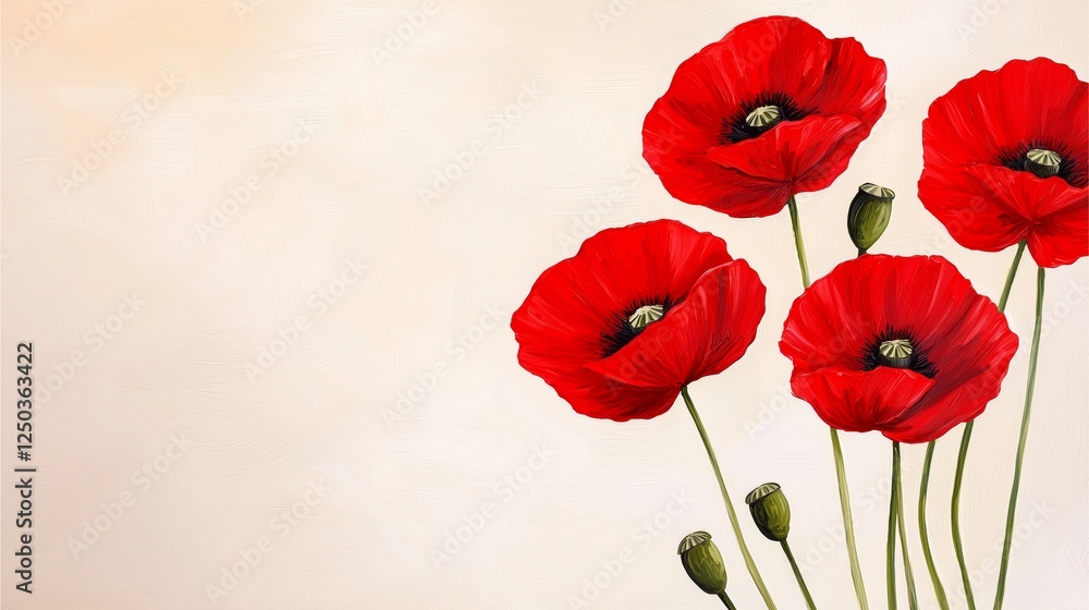 Naklejka premium A vibrant arrangement of red poppy flowers against a soft, neutral background, showcasing their delicate beauty and natural elegance.