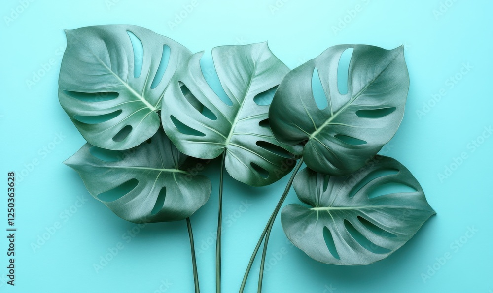 Naklejka premium Tropical Monstera leaves on blue background; summer design