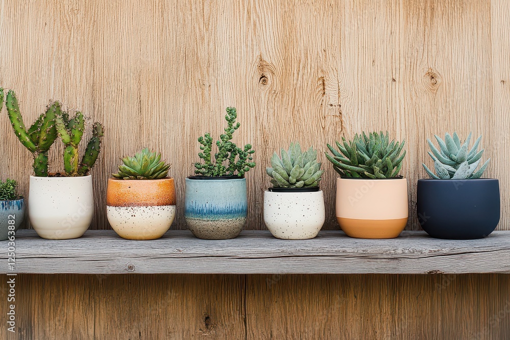 Fototapeta premium A vibrant display of assorted succulent plants in decorative pots on a wooden shelf outdoors