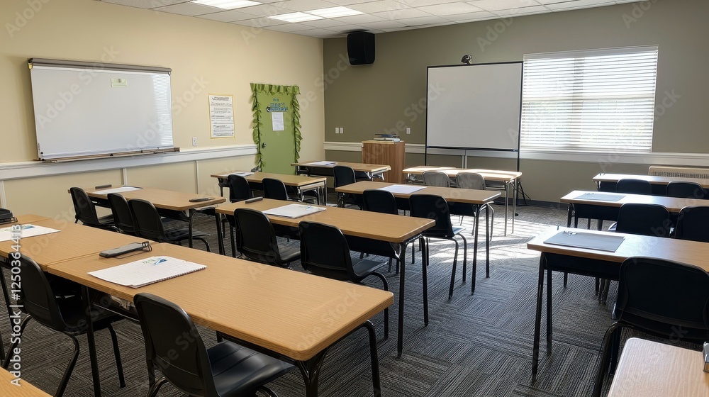Modern classroom with empty desks and boards Modern classroom with empty desks and boards