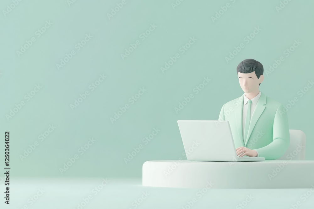 A 3D rendered illustration of a man in a mint green suit working on a laptop. A 3D rendered illustration of a man in a mint green suit working on a laptop.