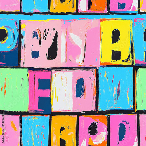 Vibrant abstract artwork featuring colorful letter blocks in various shapes and sizes at an art studio photo