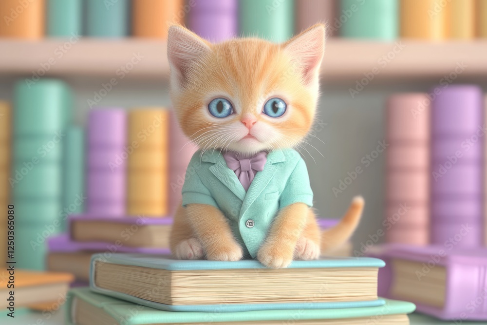 Adorable ginger kitten in a teal suit sits atop a stack of pastel-colored books. Adorable ginger kitten in a teal suit sits atop a stack of pastel-colored books.