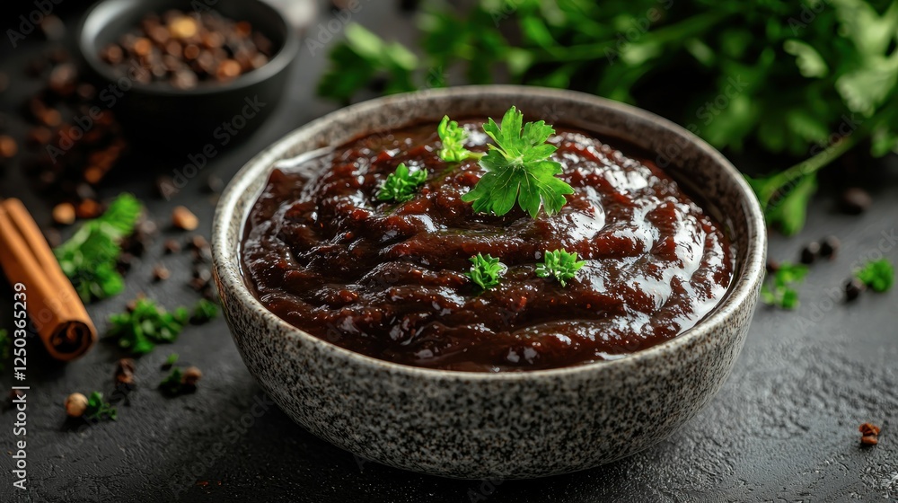 Spicy plum sauce bowl, dark kitchen, recipe Spicy plum sauce bowl, dark kitchen, recipe