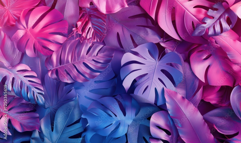 Vibrant pink and blue tropical leaves background; ideal for summer designs Vibrant pink and blue tropical leaves background; ideal for summer designs