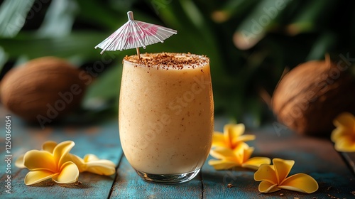 A refreshing tropical smoothie captured in a vibrant setting, featuring a small pink umbrella atop the drink. Perfect for summer vibes, relaxation, and enjoyment. photo