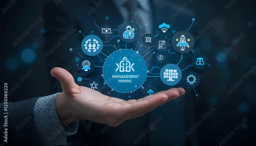 Hand holding digital icons for risk management and assessment on a dark background, symbolizing business strategy and control Hand holding digital icons for risk management and assessment on a dark background, symbolizing business strategy and control