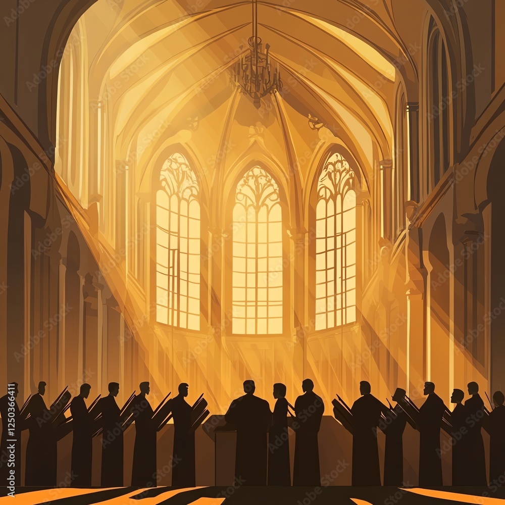 Fototapeta premium A choir singing in a majestic, lit-up church with stained glass windows.