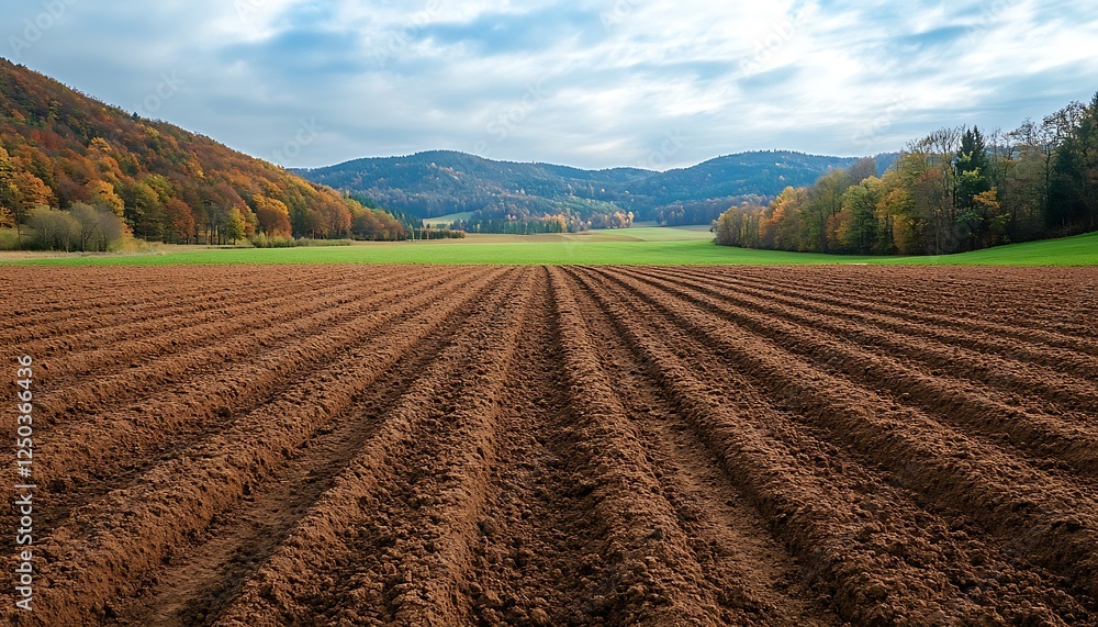 Autumn plowed field, valley, mountains Autumn plowed field, valley, mountains