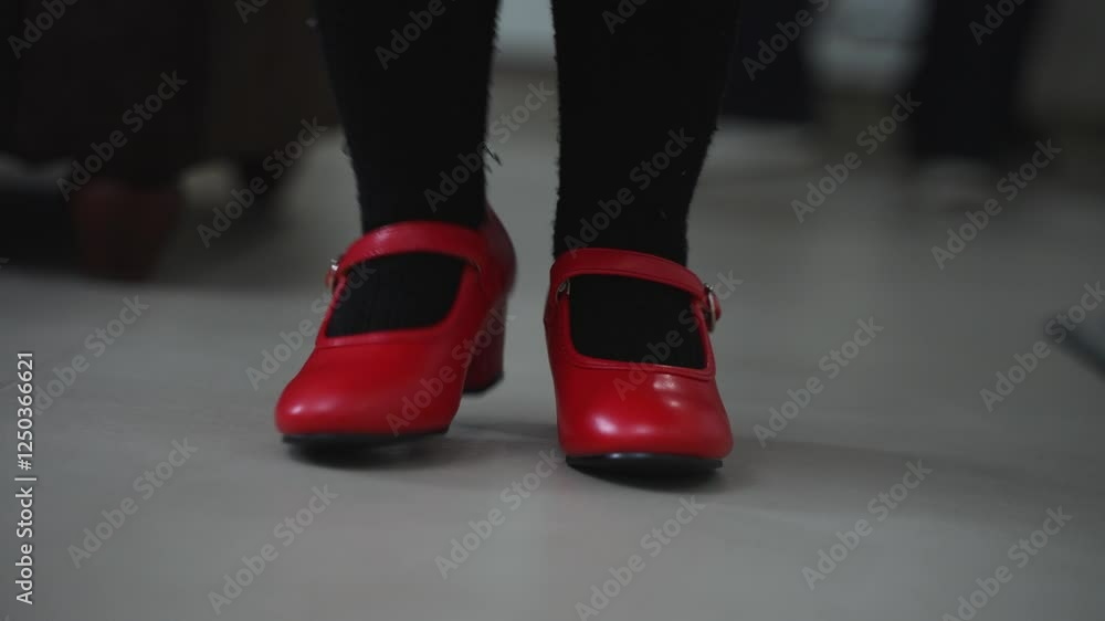 Close-up of two cute little red flamenco shoes a little girl wore. Dance competition. Close-up of two cute little red flamenco shoes a little girl wore. Dance competition.