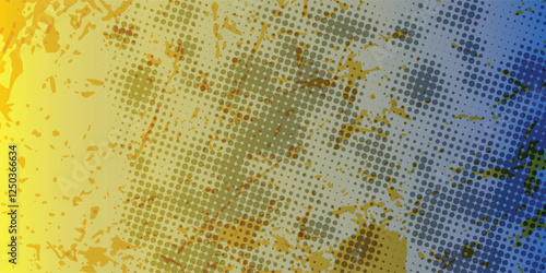 Yellow and blue background with grunge pattern and dots.