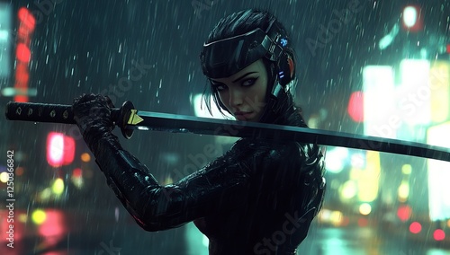 Cyberpunk Warrior in the Rain