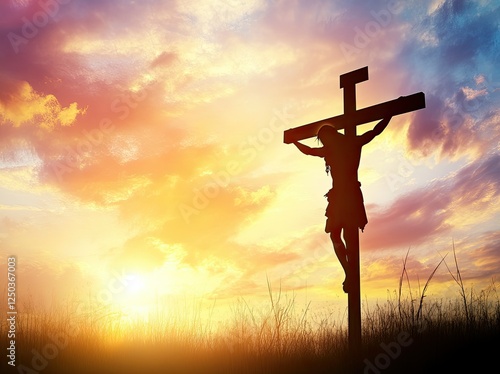 Jesus crucified, sunset, silhouette, religious imagery photo