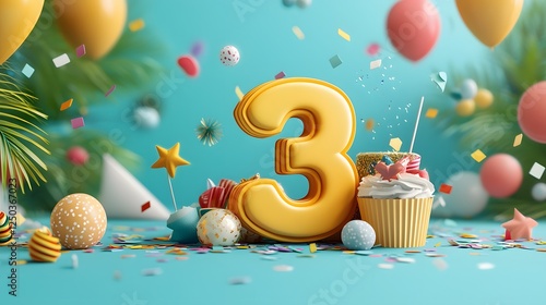 Vibrant and colorful 3rd birthday scene with a delicious cupcake shiny golden number 3 candle and a variety of festive balloons confetti and other decorative elements on a bright cheerful background photo