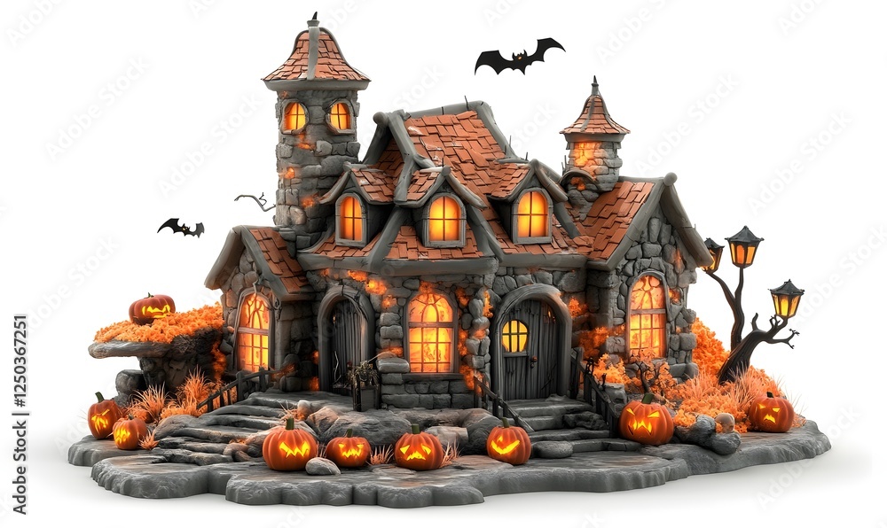 Fototapeta premium Spooky Halloween castle with pumpkins, bats, and lights; perfect for holiday cards