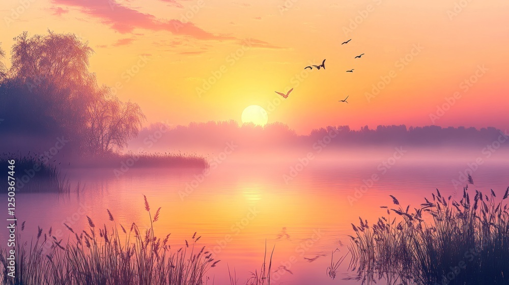 Naklejka premium Serene sunrise over a misty lake with birds flying, creating a tranquil atmosphere.