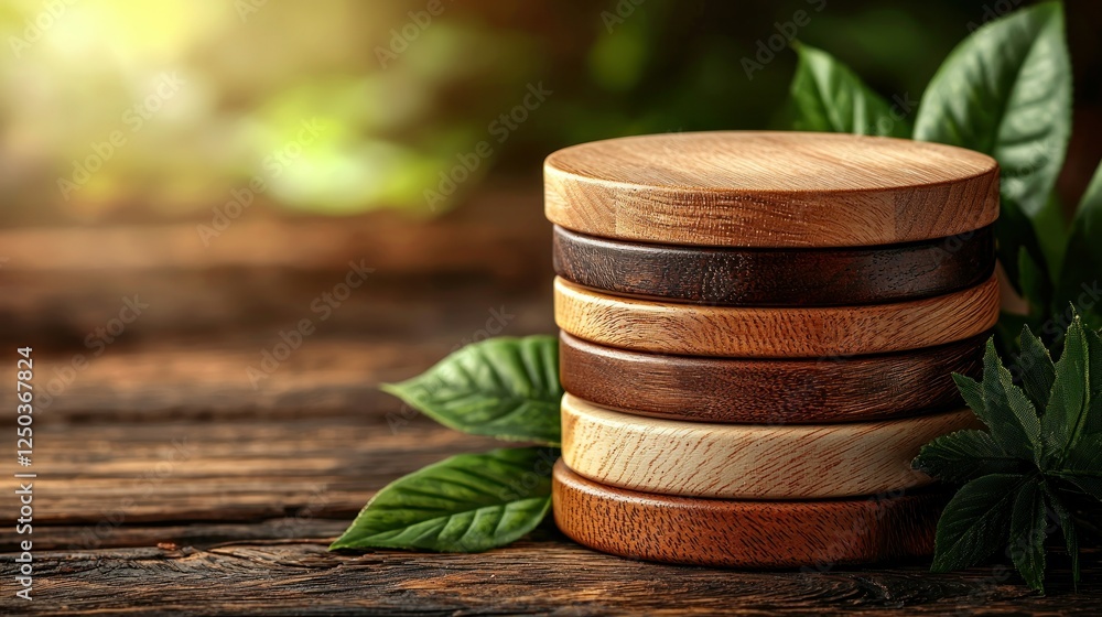 Stacked wooden coasters outdoors, nature background, product display Stacked wooden coasters outdoors, nature background, product display