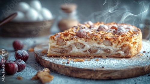 Steaming apple hazelnut pie slice, kitchen, rustic photo