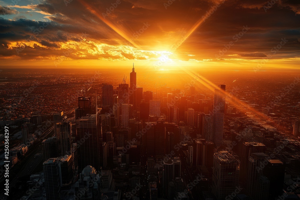 Obraz premium A breathtaking sunset casts a fiery glow over a sprawling cityscape, illuminating skyscrapers in dramatic silhouette.