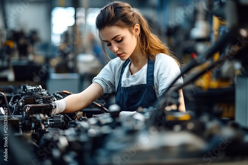 Female Mechanic Working on Machine in Factory