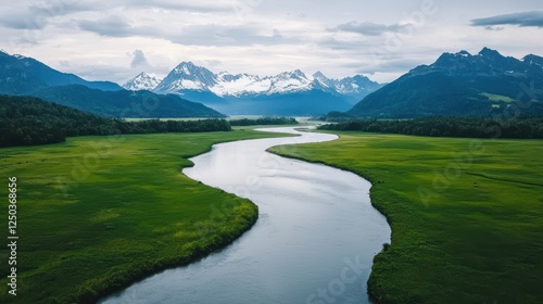 A serene landscape featuring a winding river surrounded by lush greenery and majestic mountains under a cloudy sky.