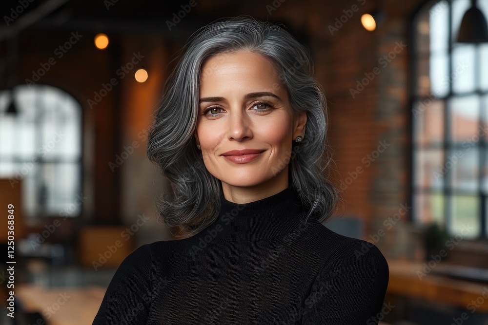 Obraz premium Confident Professional Woman with Gray Hair in Modern Office Setting