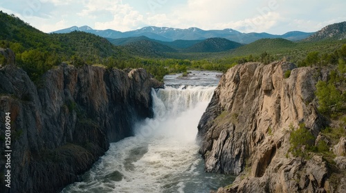 A stunning waterfall cascades over rocky cliffs, surrounded by lush green forests and distant mountains under a clear blue sky.