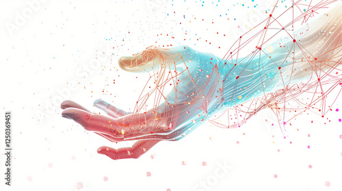 Against a white background, a futuristic hand reaches out, composed of interconnected digital lines and circuits that shimmer.