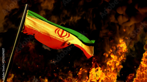 flag of Iran on burning fire backdrop - hard times concept - abstract 3D rendering