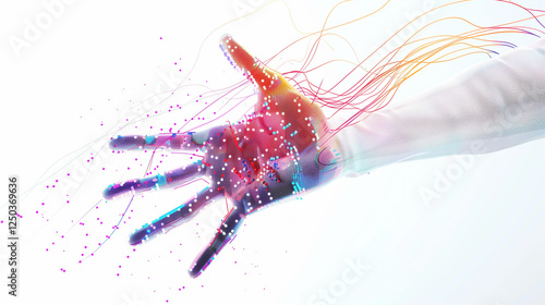 Against a white background, a futuristic hand reaches out, composed of interconnected digital lines and circuits that shimmer.