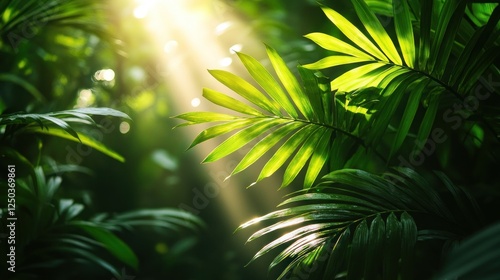Sunlight Filtering Through Verdant Palm Leaves in a Tropical Setting