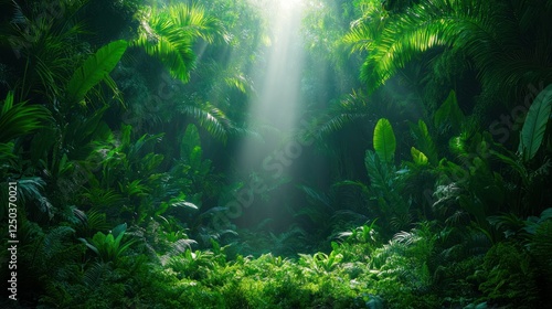 Lush tropical rainforest canopy bathed in ethereal sunlight filtering through leaves