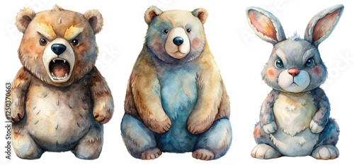 Cute animal illustrations, watercolor style, bear and rabbit characters, playful design, children's book art.