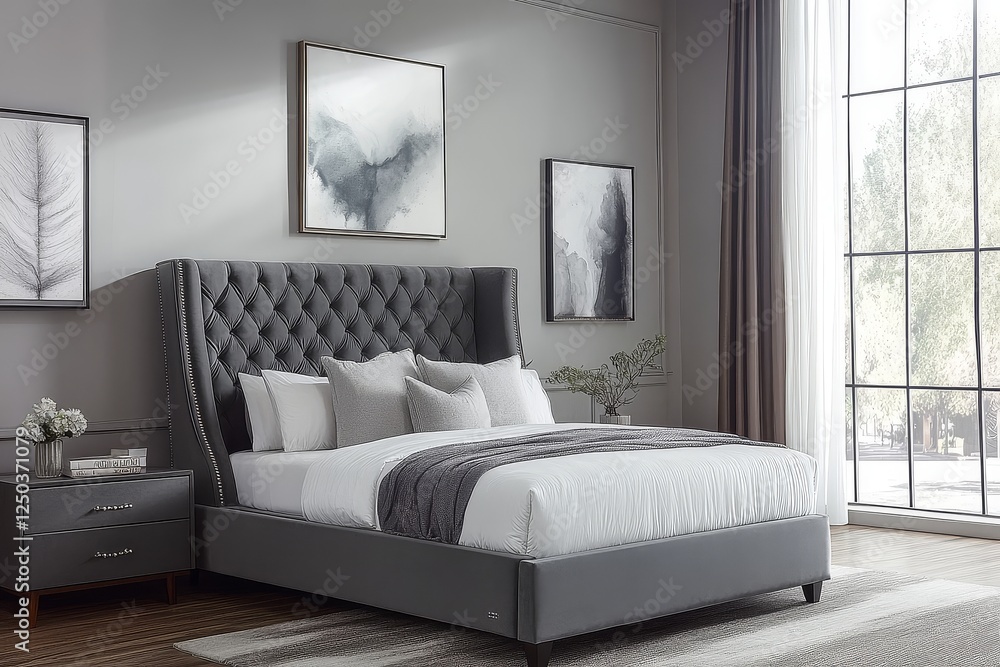 Fototapeta premium Dark gray fabric full-size bed with side storage, footboard, and nailhead-studded straight headboard. Multiple fabric textures and gray fluff accents in an empty bedroom.