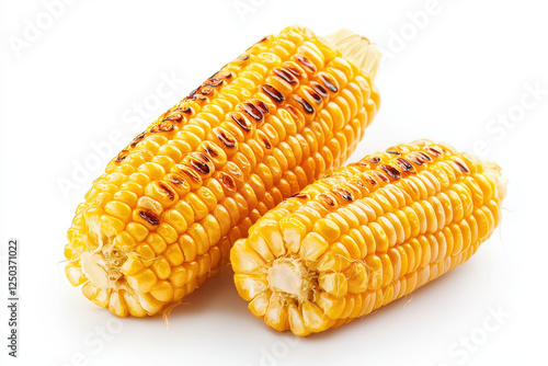 Grilled corn on cob with charred marks on white background photo