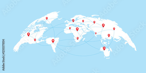 World Map with Country Borders and Red Location Pointers