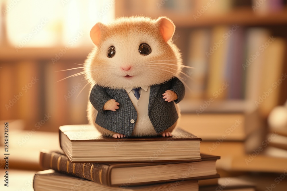 A cute hamster in a suit sits atop a stack of books in a library, radiating charm and intelligence. A cute hamster in a suit sits atop a stack of books in a library, radiating charm and intelligence.