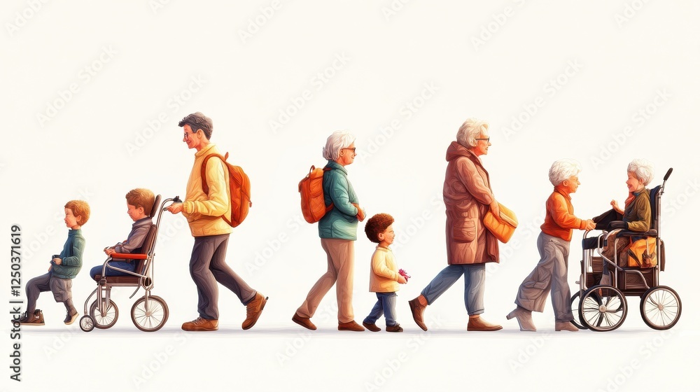 Obraz premium Families with children protection. Disabled and retired people financial support. Social security, social-security benefit, care allowance metaphors. Vector isolated concept metaphor illustrations