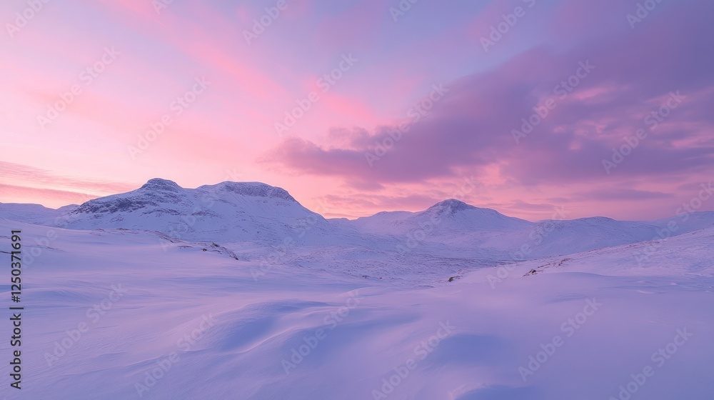 Serene winter landscape at dawn with soft pink and purple hues in the sky. Serene winter landscape at dawn with soft pink and purple hues in the sky.