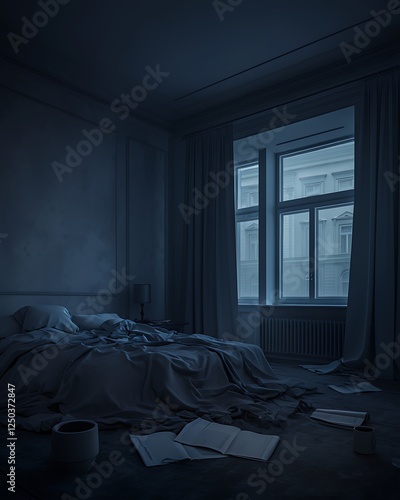 Empty Bedroom at Night with Messy Bed