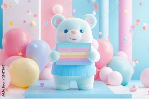 Wallpaper Mural Cute pastel teddy bear holding a pastel pride flag amidst pastel balloons and confetti. Torontodigital.ca