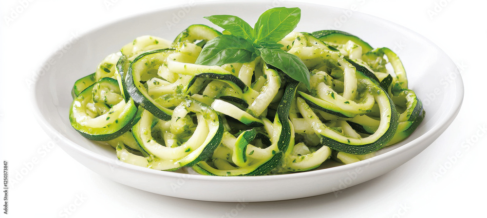 Zucchini noodles with pesto sauce garnished with fresh basil Zucchini noodles with pesto sauce garnished with fresh basil