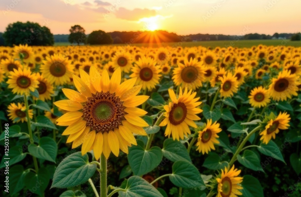 Obraz premium A breathtaking view of yellow sunflowers in the rays of sunlight. Ukraine agrarian region, Europe. Ecology concept. Industry of agronomy. Photo wallpaper. Image of cultivation land. Beauty of earth.