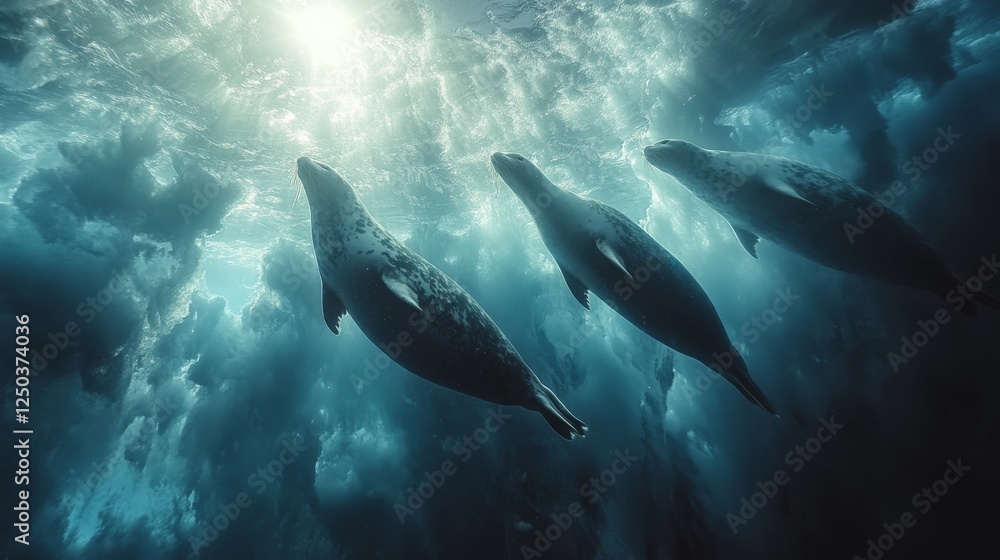 Fototapeta premium Seals Swimming Under Cracked Ice: A Captivating Scene of Arctic Wildlife in Their Natural Habitat