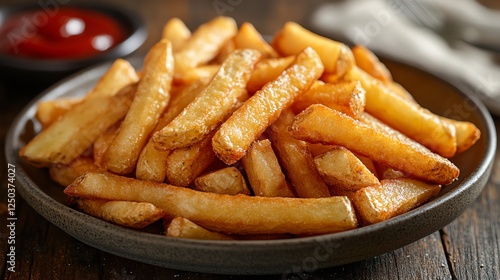 A delicious serving of golden French fries, perfectly crispy and served in a rustic bowl, accompanied by a small dipping cup of rich red ketchup, ideal for any meal or snack. photo