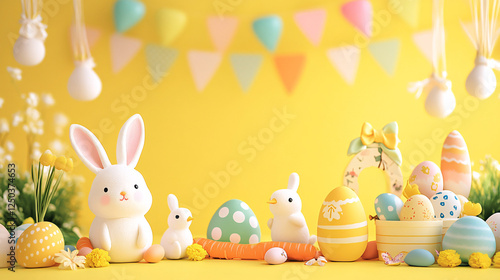 happy easter yellow background with bunnies and eggs
