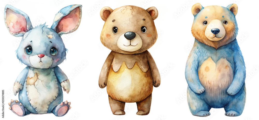 Naklejka premium Cute animal illustrations, watercolor style, bunny and bear characters, playful design, children's art, nursery decor.