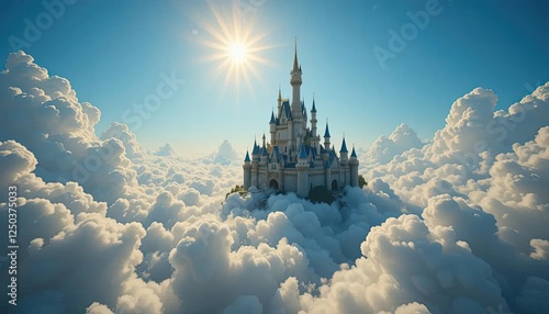 A magnificent castle hovers weightlessly among dreamy, fluffy clouds under a brilliant blue sky, bathed in the soft, golden glow of sunlight.
