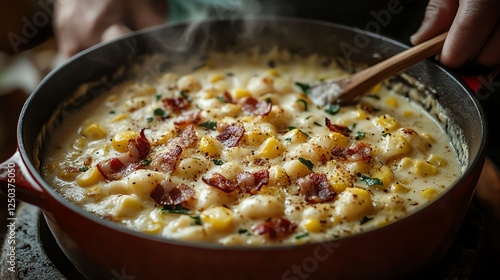 A delicious pot of creamy gnocchi topped with crispy bacon and herbs, simmering on the stove. Perfect for comfort food lovers looking for hearty meal ideas. photo