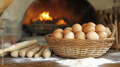 Rustic Bakery Scene: Eggs, Rolling Pins, and Flour near a Warm Oven